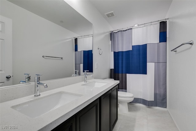 bathroom with toilet, walk in shower, vanity, and tile patterned floors