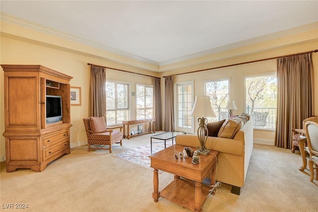 30 Strada Di Villaggio 204, Henderson, NV 89011 - living room featuring light colored carpet, plenty of natural light, and ornamental molding