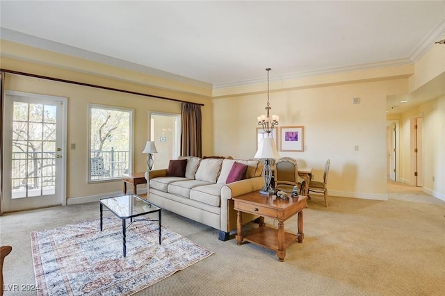30 Strada Di Villaggio 204, Henderson, NV 89011 - living area featuring light colored carpet, ornamental molding, and a chandelier