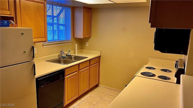 kitchen with sink, light tile patterned floors, fridge, black dishwasher, and white range with electric stovetop