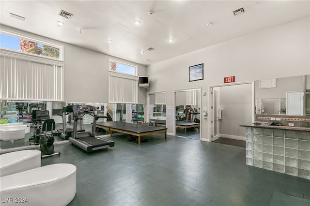 exercise room featuring a high ceiling