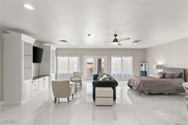 bedroom featuring ceiling fan, light tile patterned floors, and access to outside