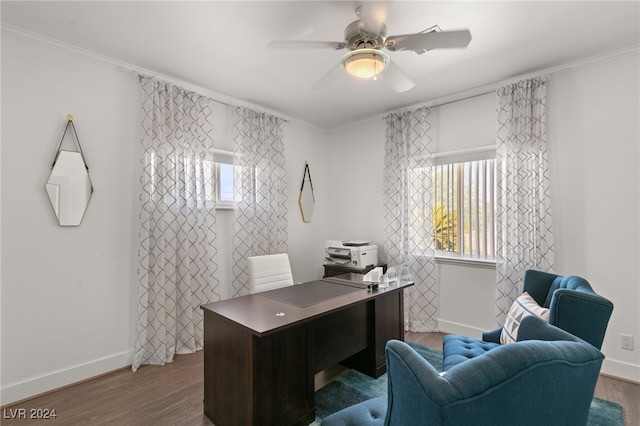 office featuring ceiling fan, hardwood / wood-style floors, and ornamental molding