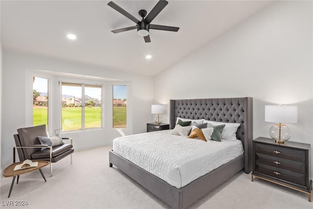 bedroom with a ceiling fan, lofted ceiling, recessed lighting, and light colored carpet