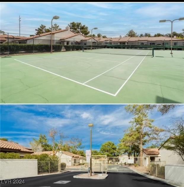 view of tennis court featuring fence