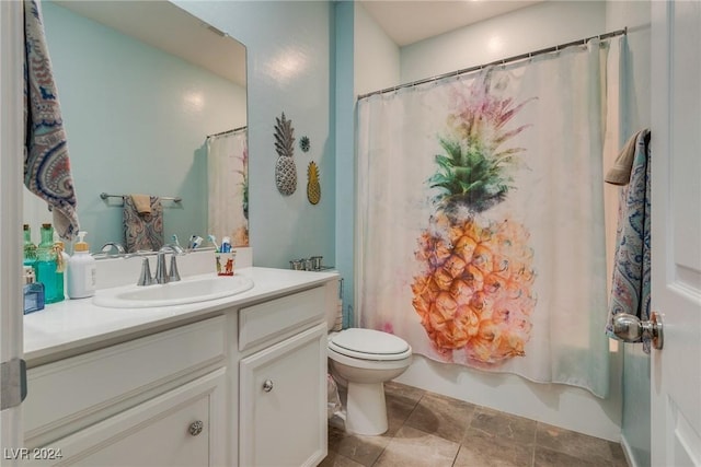 bathroom with shower / bathtub combination with curtain, toilet, and vanity