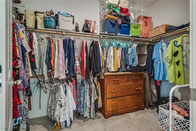 walk in closet with light colored carpet