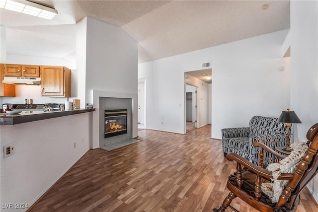 living room with a tiled fireplace, vaulted ceiling, wood-type flooring, and a textured ceiling