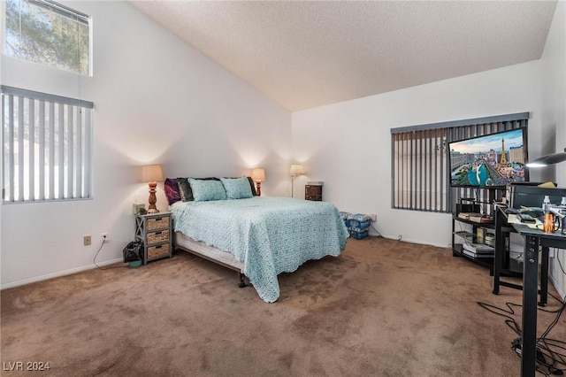 carpeted bedroom featuring high vaulted ceiling and a textured ceiling