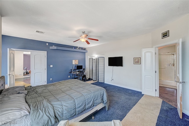 carpeted bedroom with ceiling fan