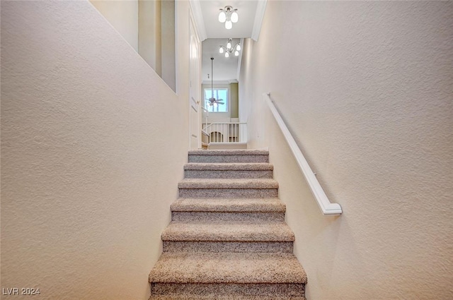 stairway featuring a textured wall and a towering ceiling