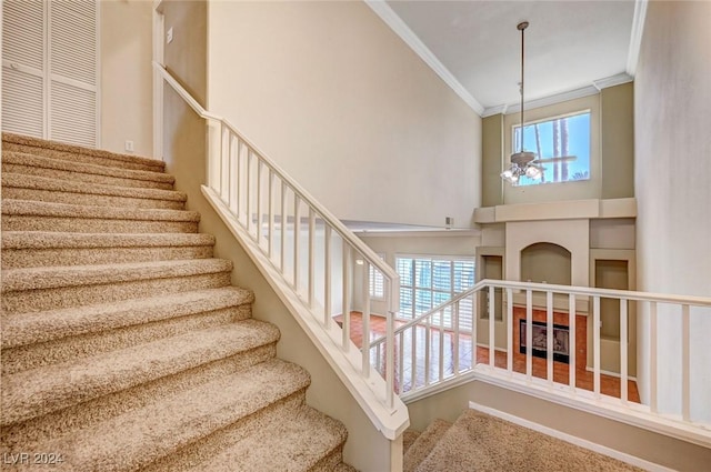 staircase featuring a towering ceiling and crown molding