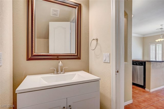 bathroom featuring ornamental molding, tile patterned flooring, vanity, and visible vents