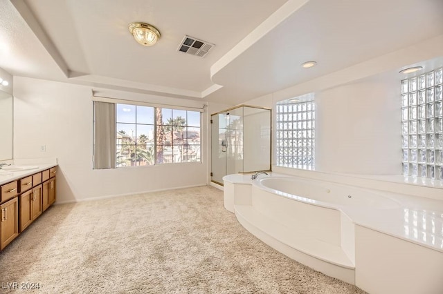 bathroom featuring a tray ceiling, plus walk in shower, and vanity