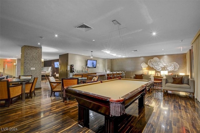 recreation room with wallpapered walls, visible vents, dark wood-type flooring, and recessed lighting