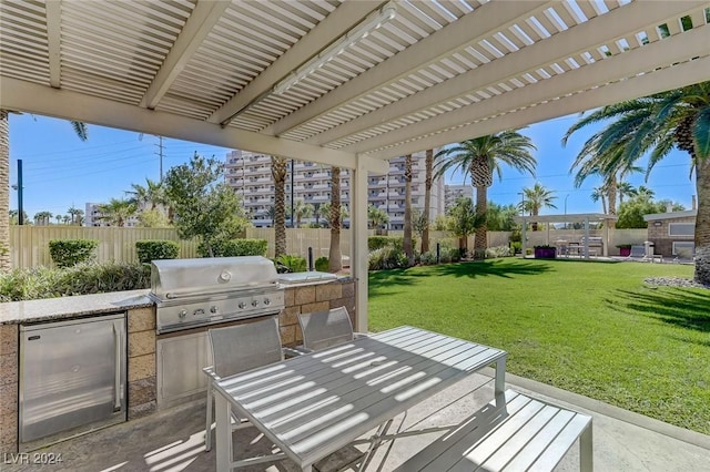 view of patio / terrace featuring area for grilling, a fenced backyard, a grill, outdoor dining area, and a pergola