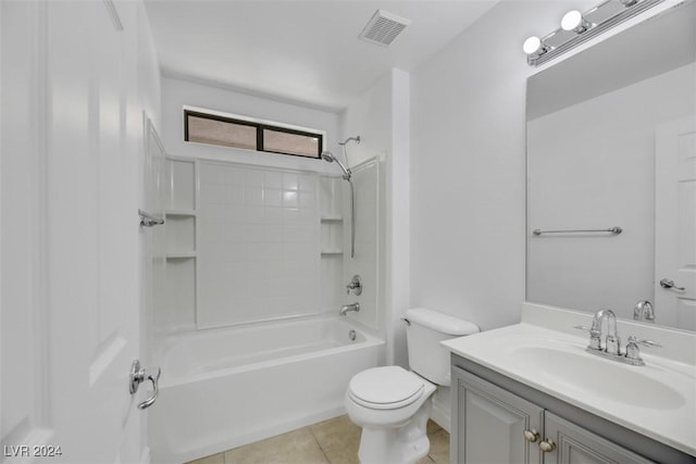 full bathroom with toilet, shower / tub combination, vanity, and tile patterned floors