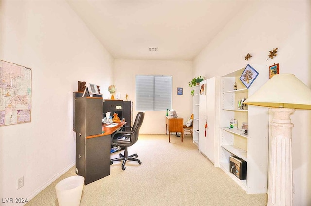 home office featuring light carpet and visible vents