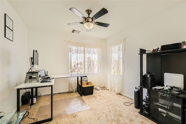 office with ceiling fan and light colored carpet