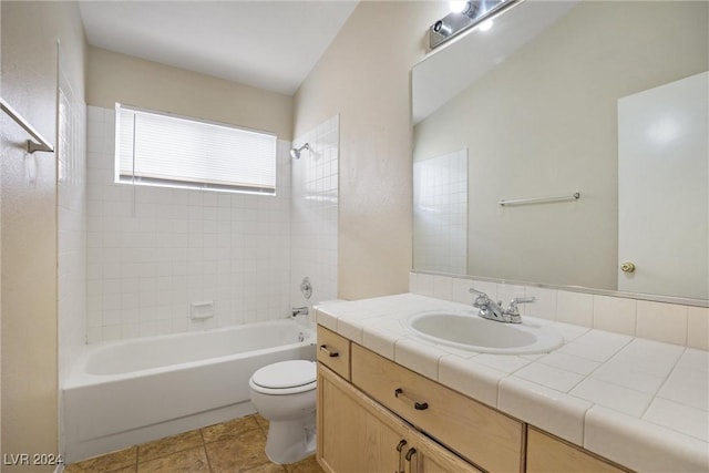 full bathroom featuring vanity, shower / tub combination, toilet, and tile patterned floors