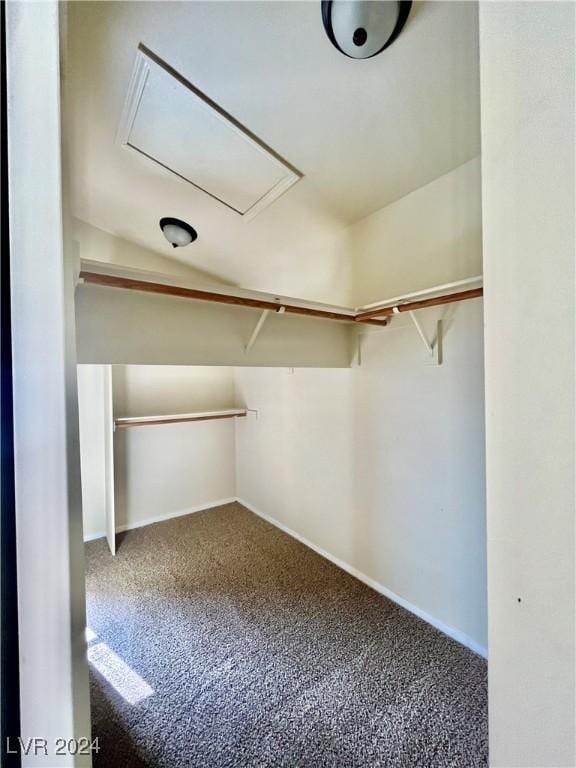 spacious closet with carpet flooring and attic access