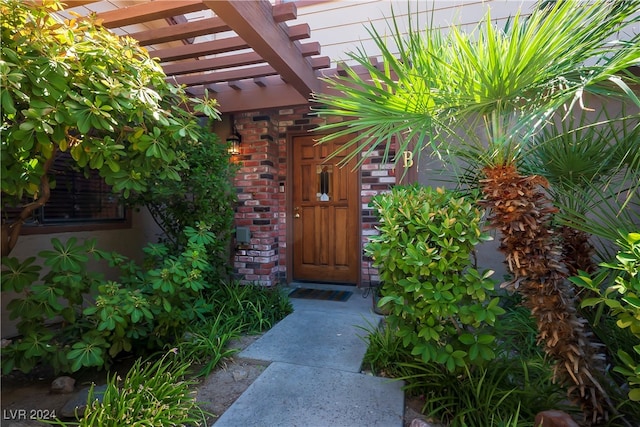 view of exterior entry featuring a pergola