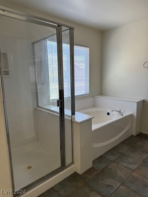 bathroom with plus walk in shower and tile patterned floors