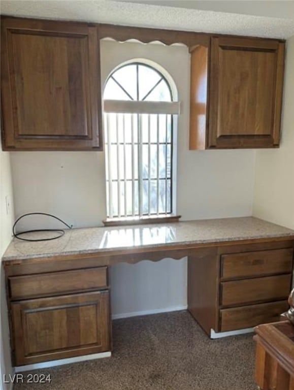 unfurnished office featuring carpet floors and built in desk