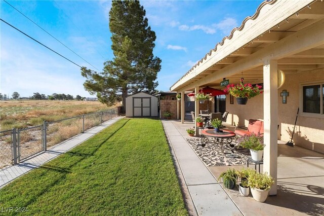 view of yard with a patio and a shed