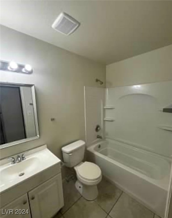 full bathroom with shower / bathtub combination, toilet, tile patterned floors, and vanity