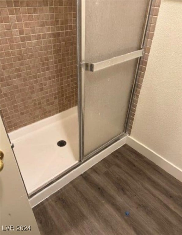 bathroom featuring walk in shower and wood-type flooring