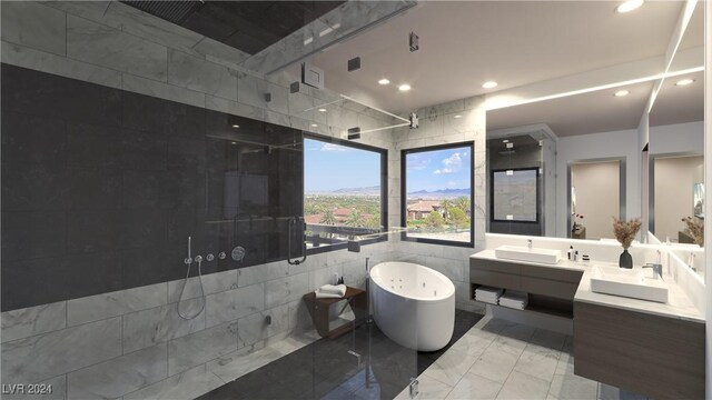 bathroom with tile walls, tile patterned floors, walk in shower, and dual bowl vanity