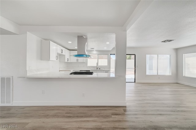 kitchen featuring island range hood, light hardwood / wood-style flooring, and a healthy amount of sunlight