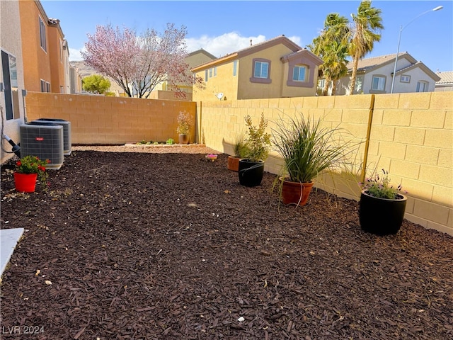 view of yard with a residential view, a fenced backyard, and central air condition unit