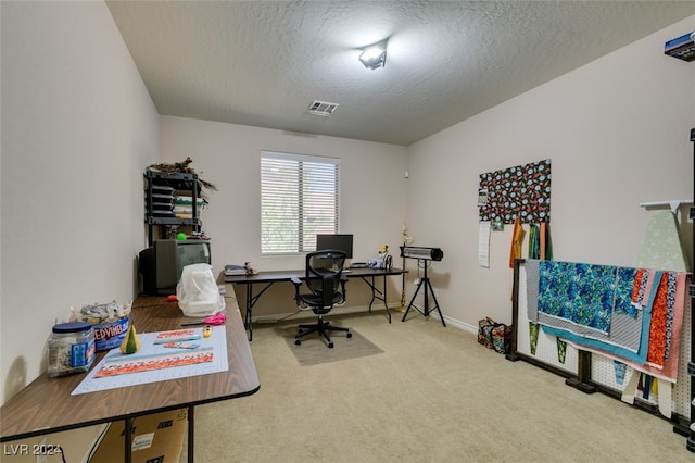 office with carpet and a textured ceiling