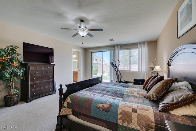 bedroom featuring ceiling fan, connected bathroom, and carpet flooring