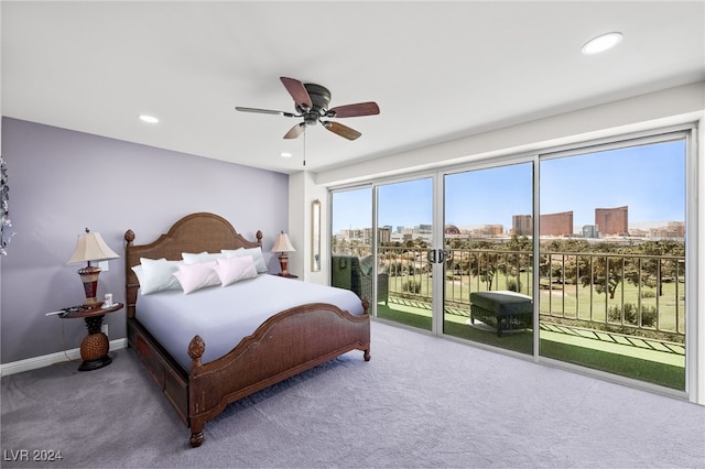 carpeted bedroom with ceiling fan and access to exterior