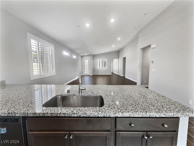 kitchen with sink, plenty of natural light, lofted ceiling, and dark hardwood / wood-style flooring