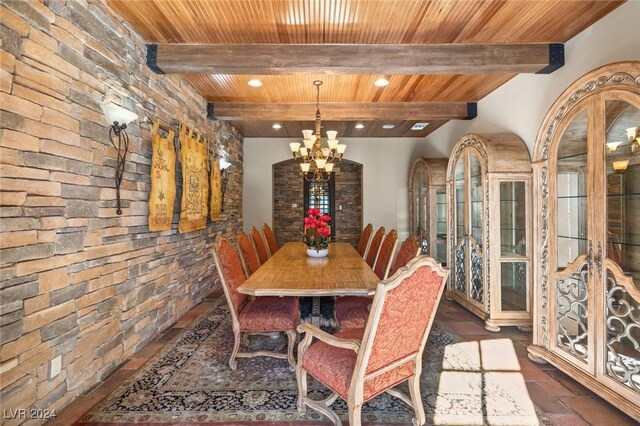 dining area featuring beamed ceiling, a chandelier, and wood ceiling