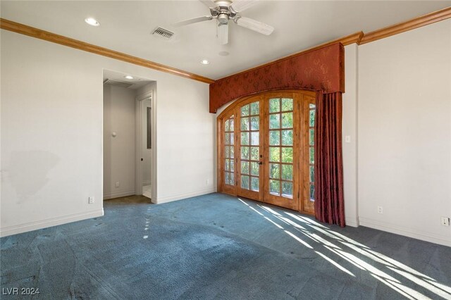 spare room featuring ceiling fan, carpet, ornamental molding, and french doors