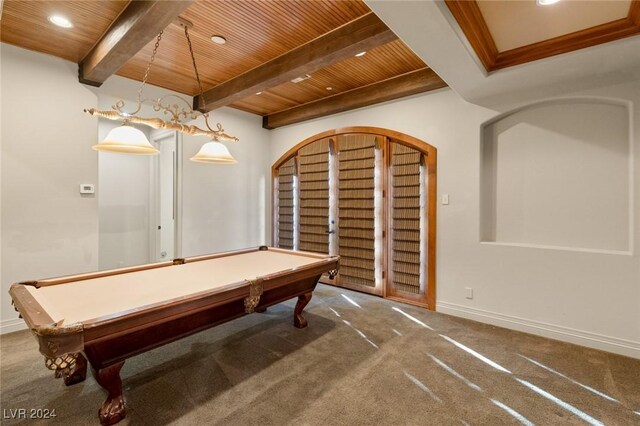 recreation room featuring beamed ceiling, carpet flooring, pool table, and wood ceiling