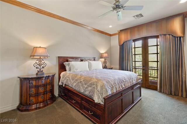 bedroom featuring ceiling fan, light carpet, french doors, and access to exterior