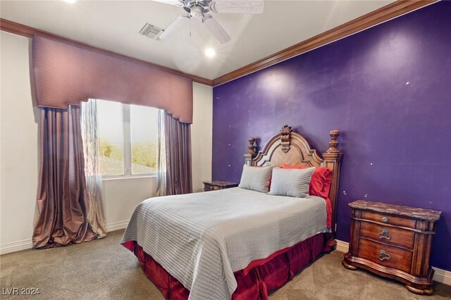 bedroom featuring ceiling fan and light carpet