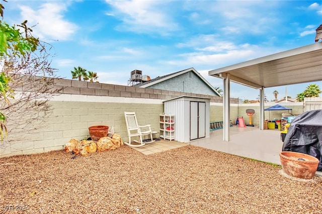 view of yard with a patio area, a fenced backyard, a storage unit, and an outbuilding