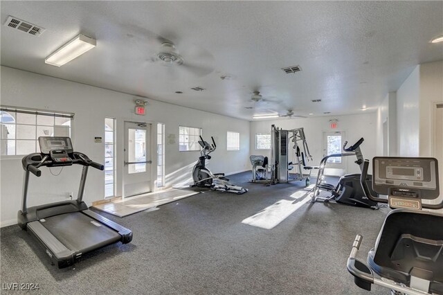 workout area featuring a textured ceiling, ceiling fan, and carpet