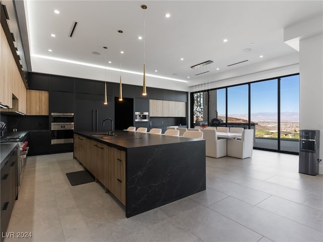 kitchen featuring stainless steel appliances, a large island with sink, decorative backsplash, decorative light fixtures, and sink