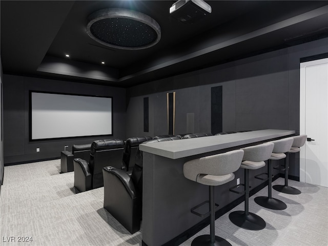 carpeted home theater featuring a tray ceiling