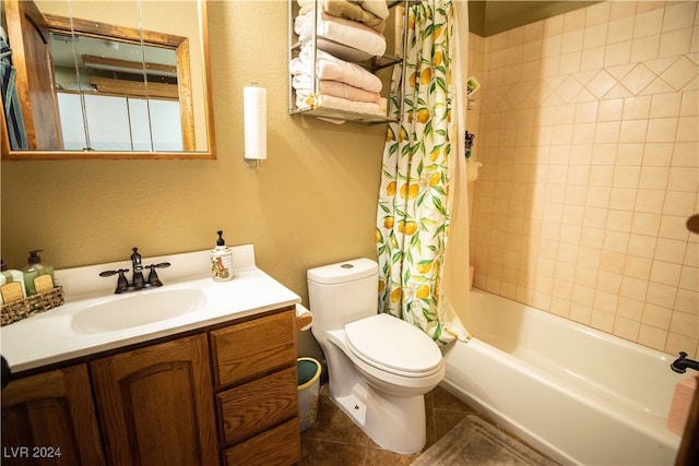 full bathroom with tile patterned flooring, shower / bath combo, toilet, and vanity