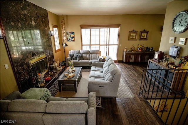 living room featuring a fireplace and dark wood-type flooring