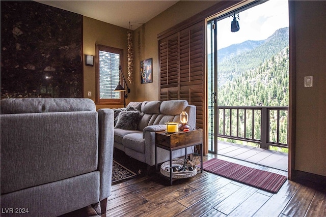 living room featuring a mountain view and hardwood / wood-style flooring